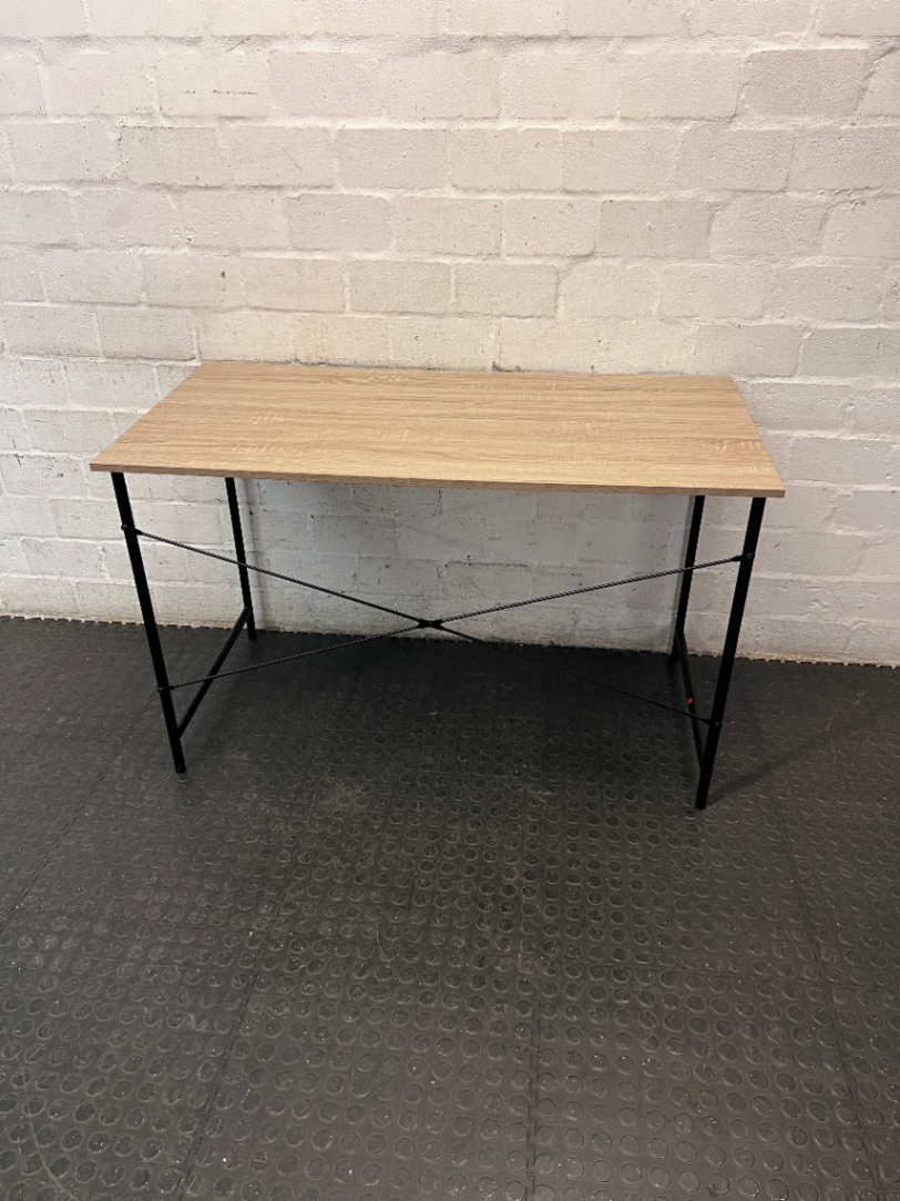 Light Brown Minimalist Writing Desk with Metal Frame — Good Working Order