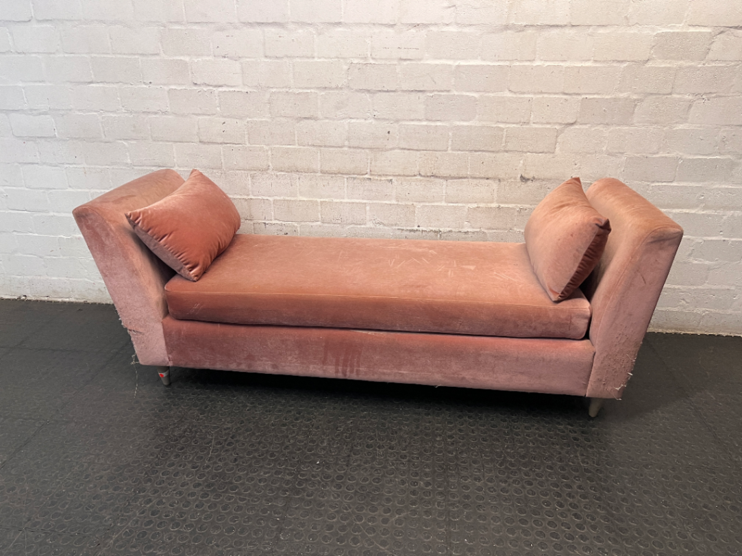 Dusty Pink Velvet-Style Upholstered Daybed — Well Used with Visible Fabric Wear