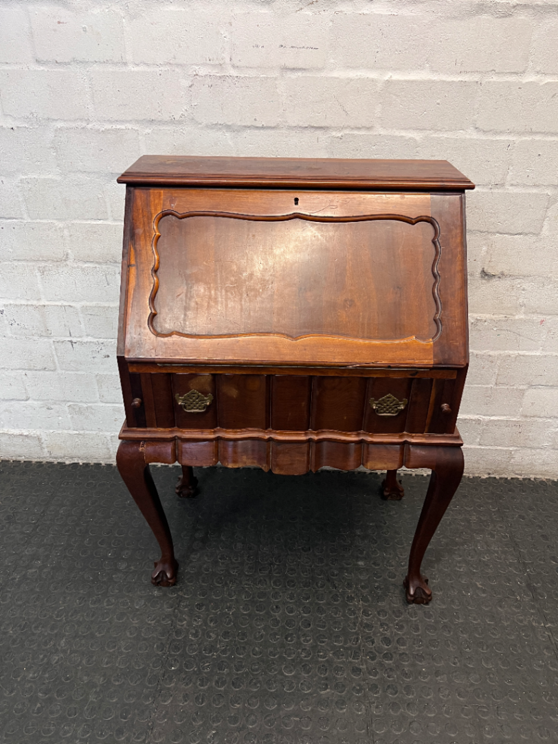 Vintage Wood Secretary Desk with Ball and Claw Feet — Broken Leg and Surface Marks