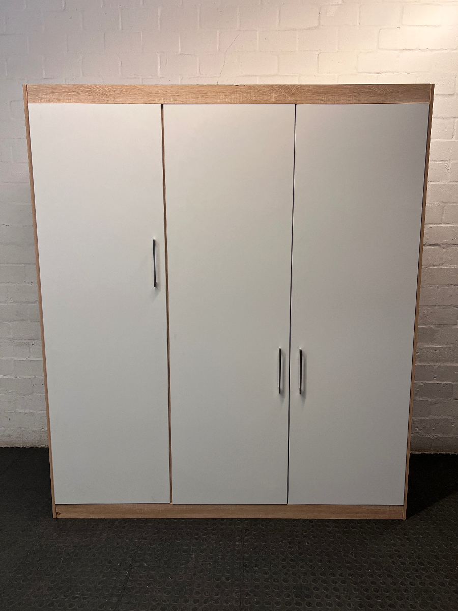 3-Door White and Light Wood Wardrobe — Good Profile and Condition