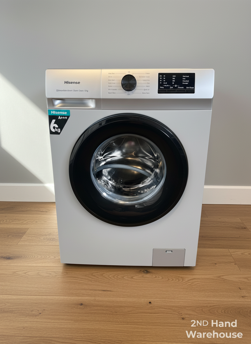 White washing machine with black door on a wooden floor, brand 'Hisense' visible