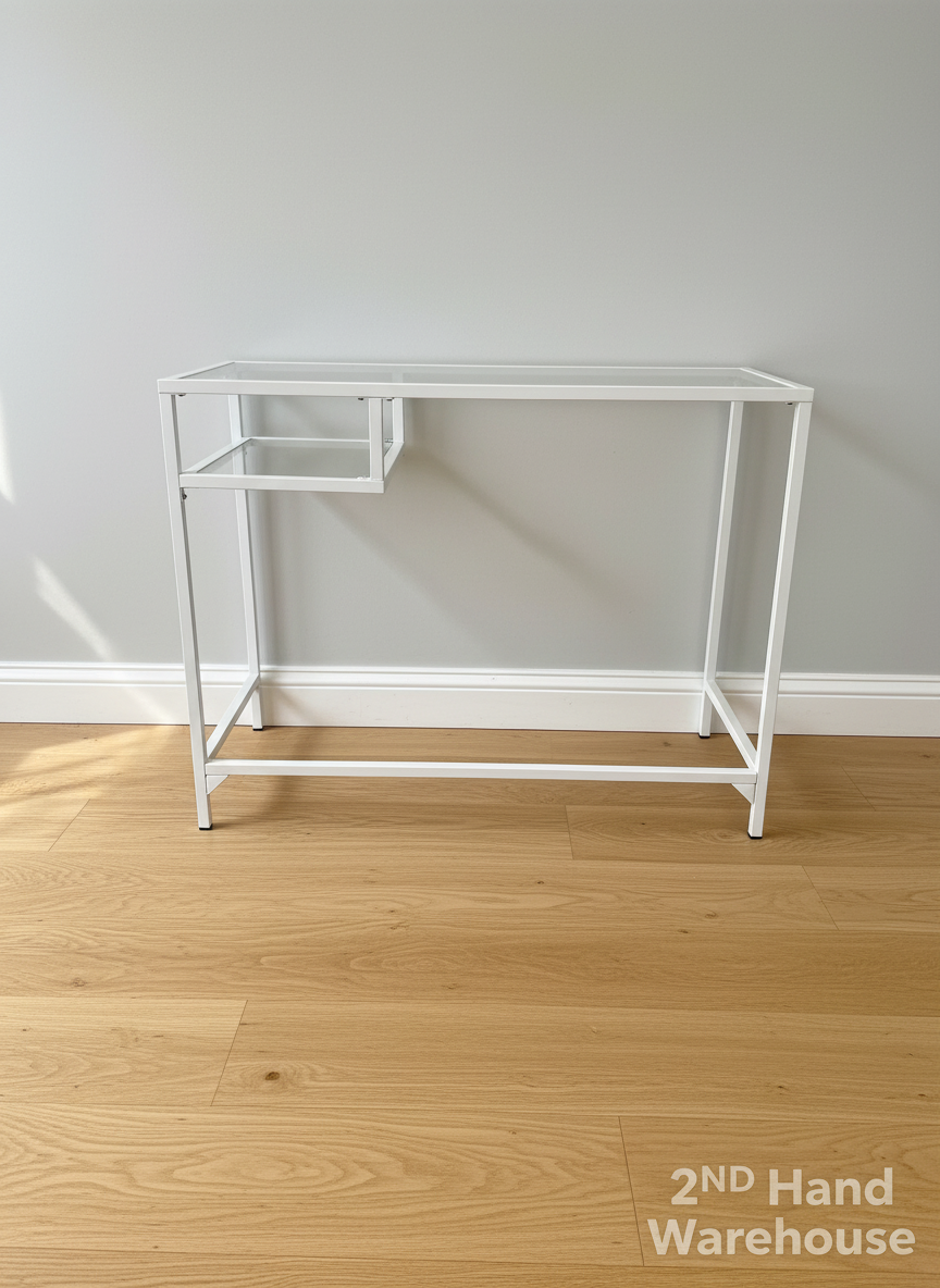 Sleek White Metal & Glass Console Table / Small Desk
