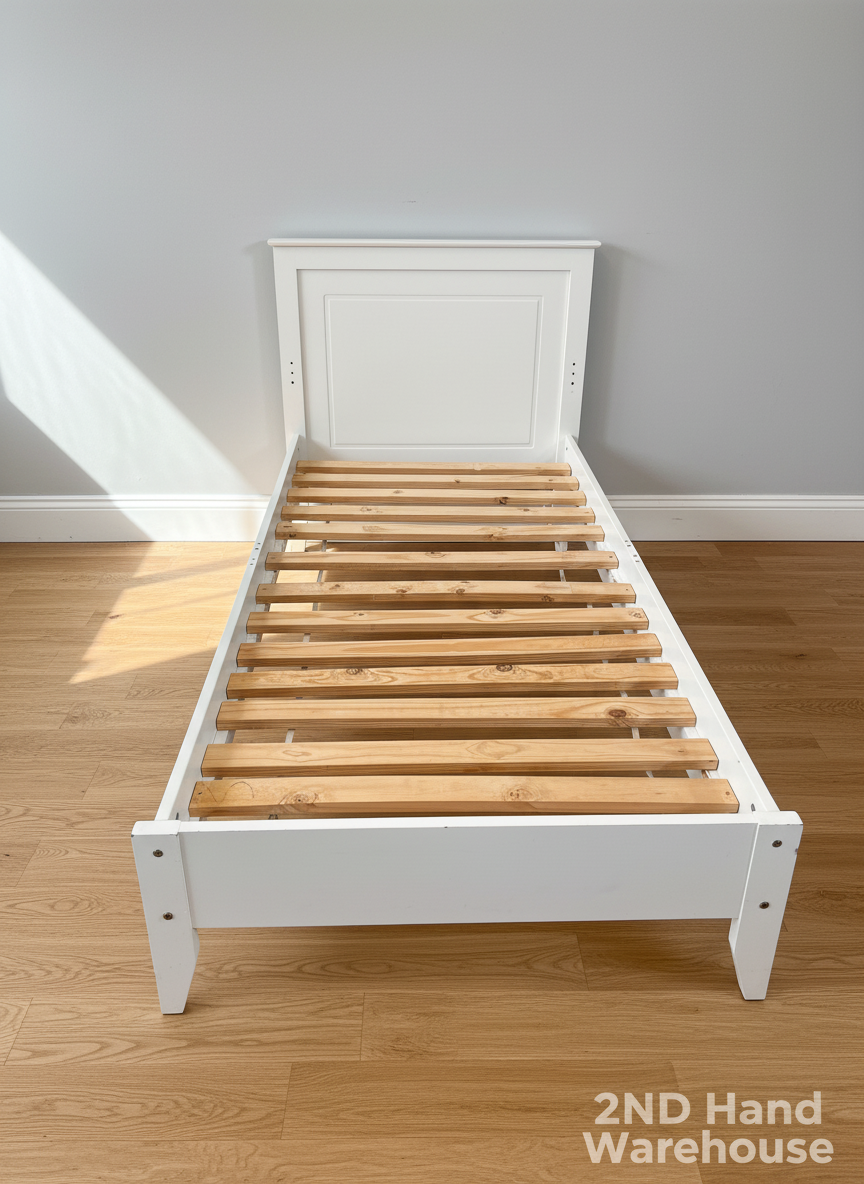 Stylish White Single Bed Frame with Wooden Slats