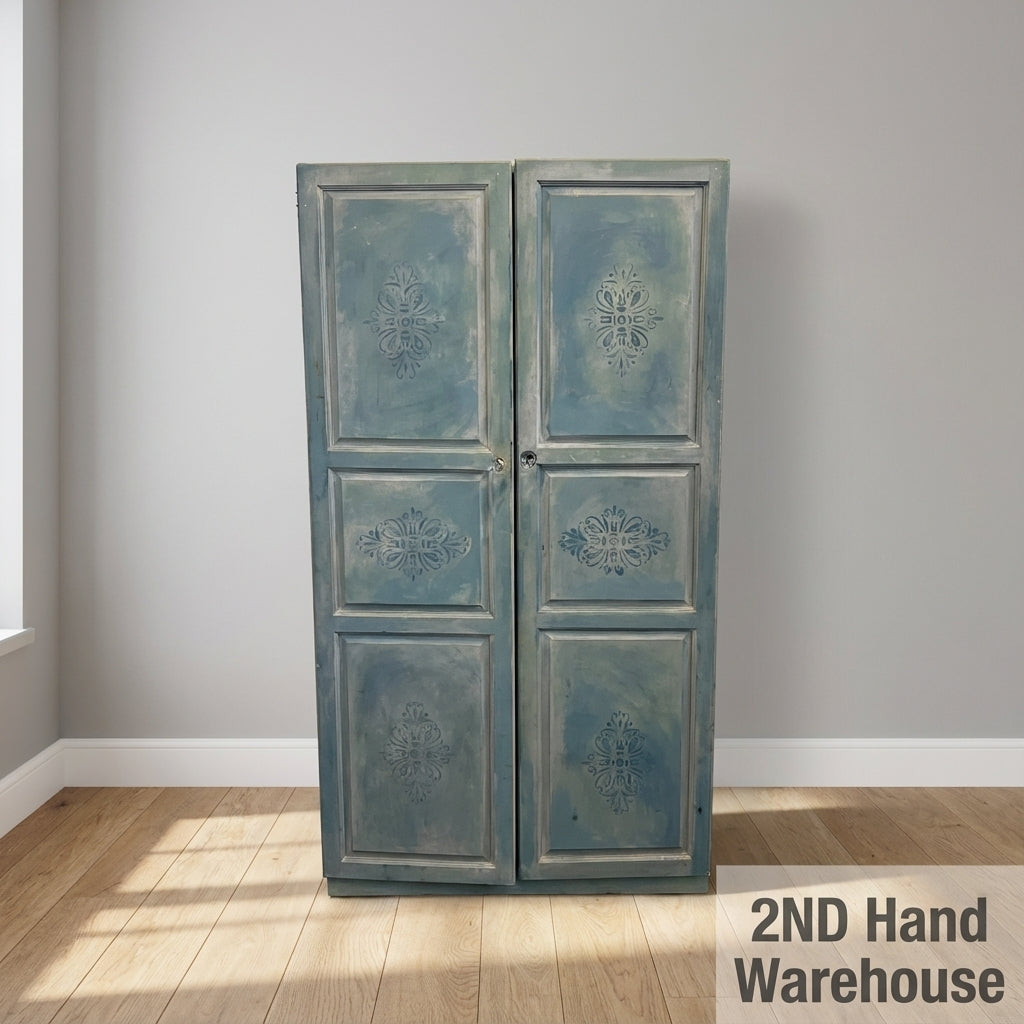 Charming Distressed Blue 2-Door Cabinet with Stenciled Panels - Fair used