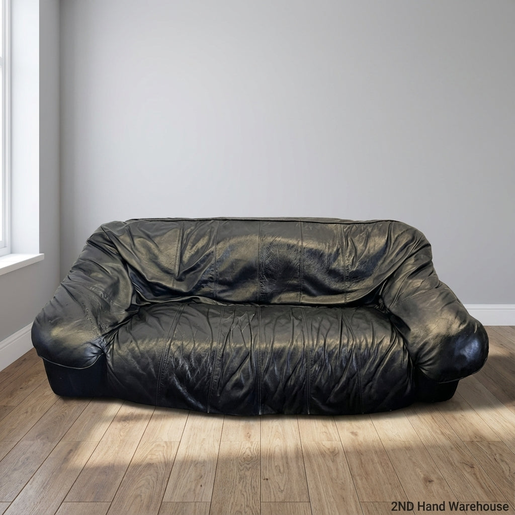 Classic Black Leather 2-Seater Sofa - Fair used