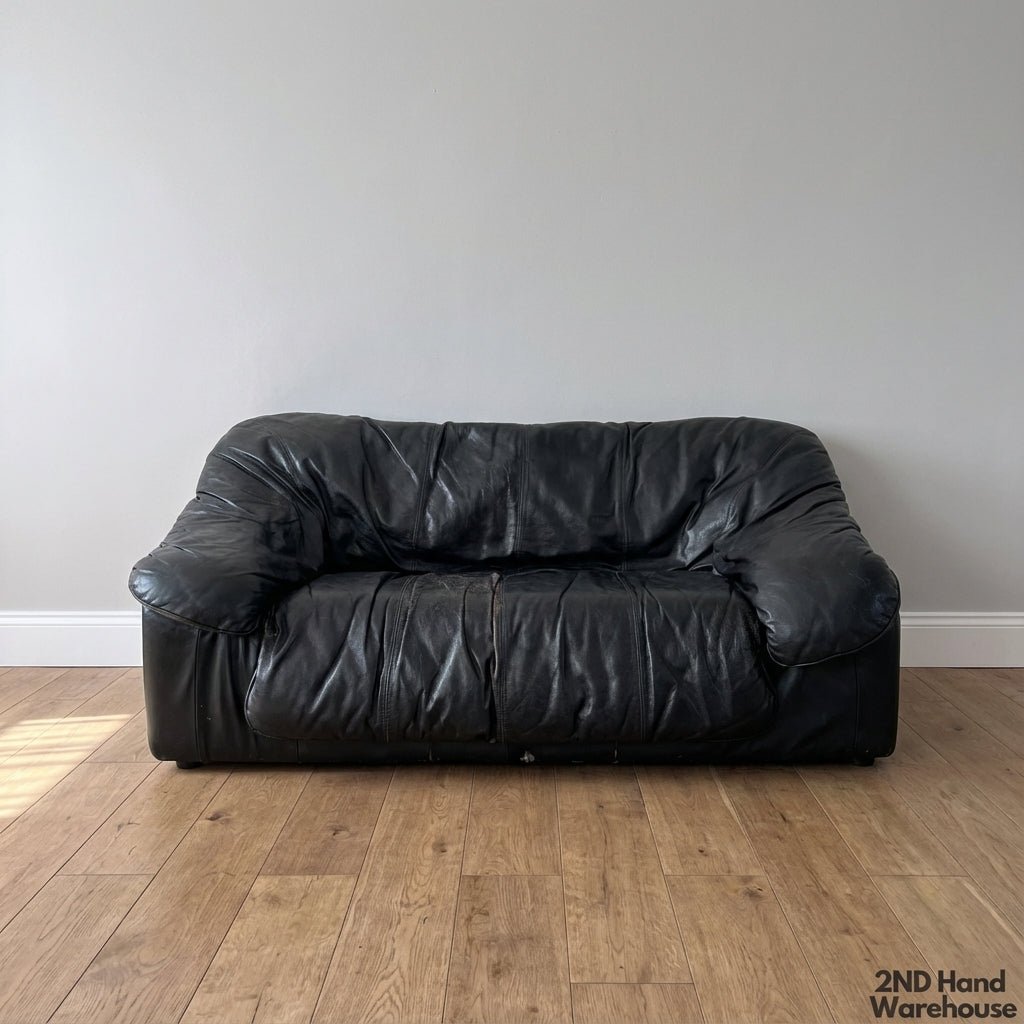Classic Black Leather Sofa - Cozy 2-Seater- Fair used