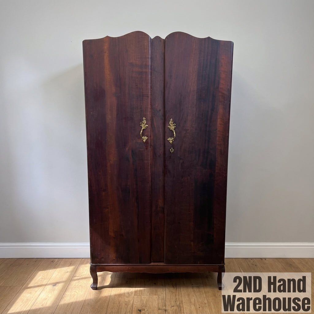 Elegant Vintage Wooden Wardrobe with Scalloped Top & Brass Handles