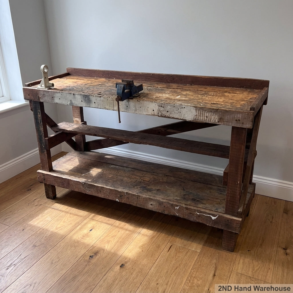 Rustic Industrial Wood Workbench with Vice & Storage