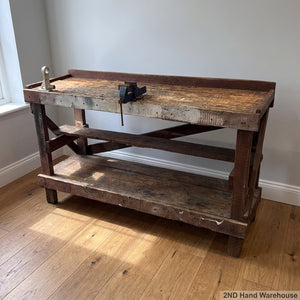 Rustic Industrial Wood Workbench with Vice & Storage