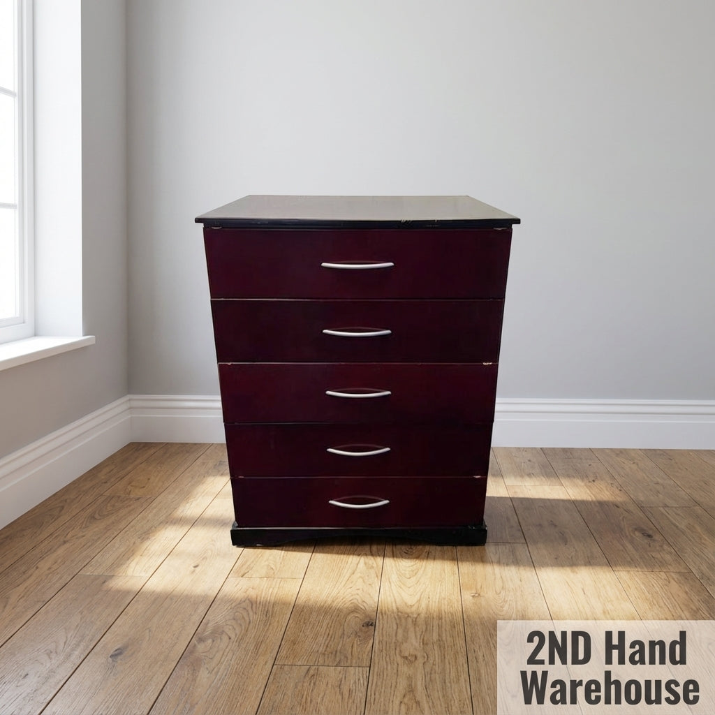 Sleek Burgundy 5-Drawer Dresser with Black Top