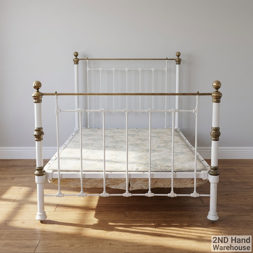 Elegant Vintage White Metal & Brass Bed Frame