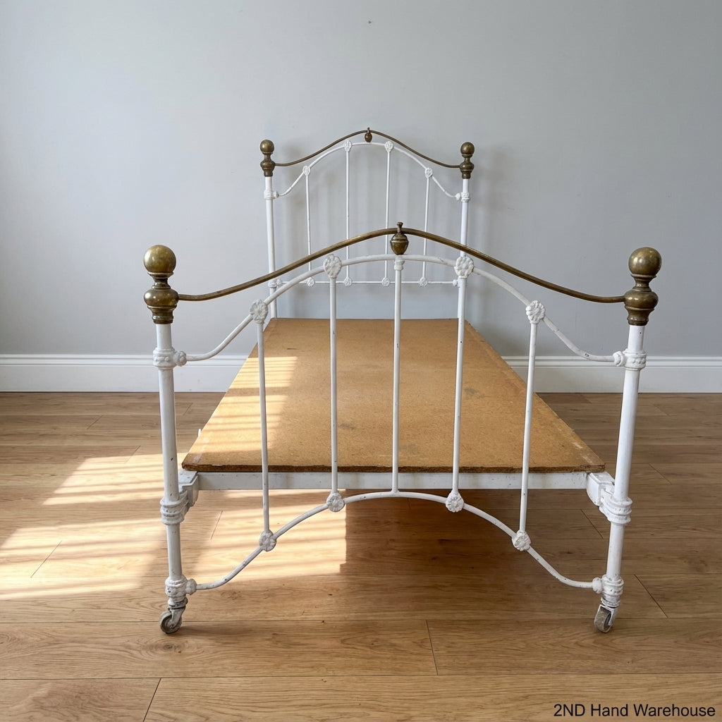 Charming Antique White Metal Single Bed Frame with Brass Accents