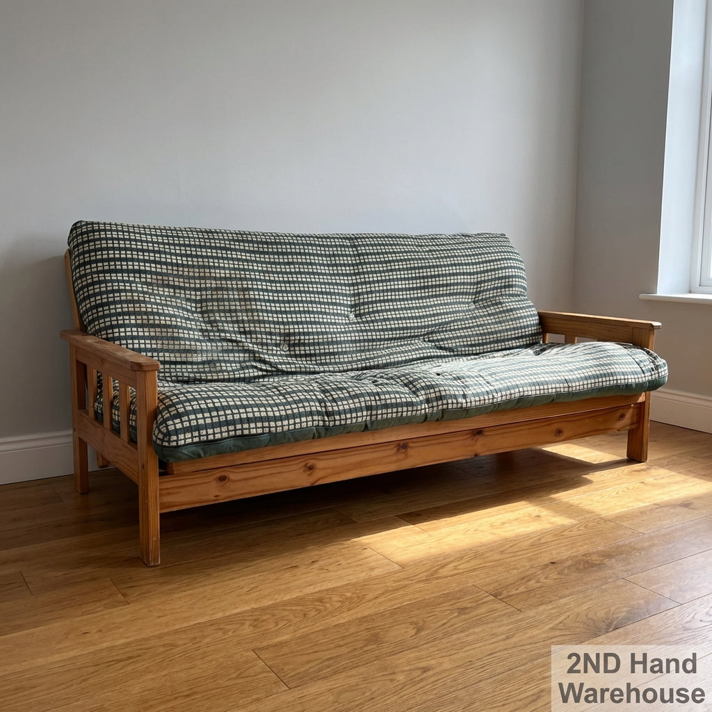 Versatile Pine Futon Sofa Bed with Patterned Cushion