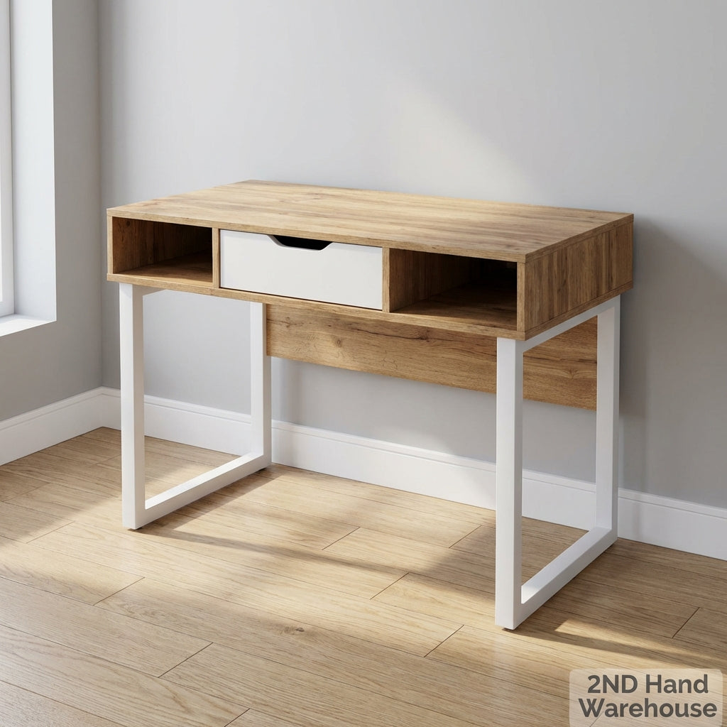 Modern Wood Desk with White Drawer & Cubbies