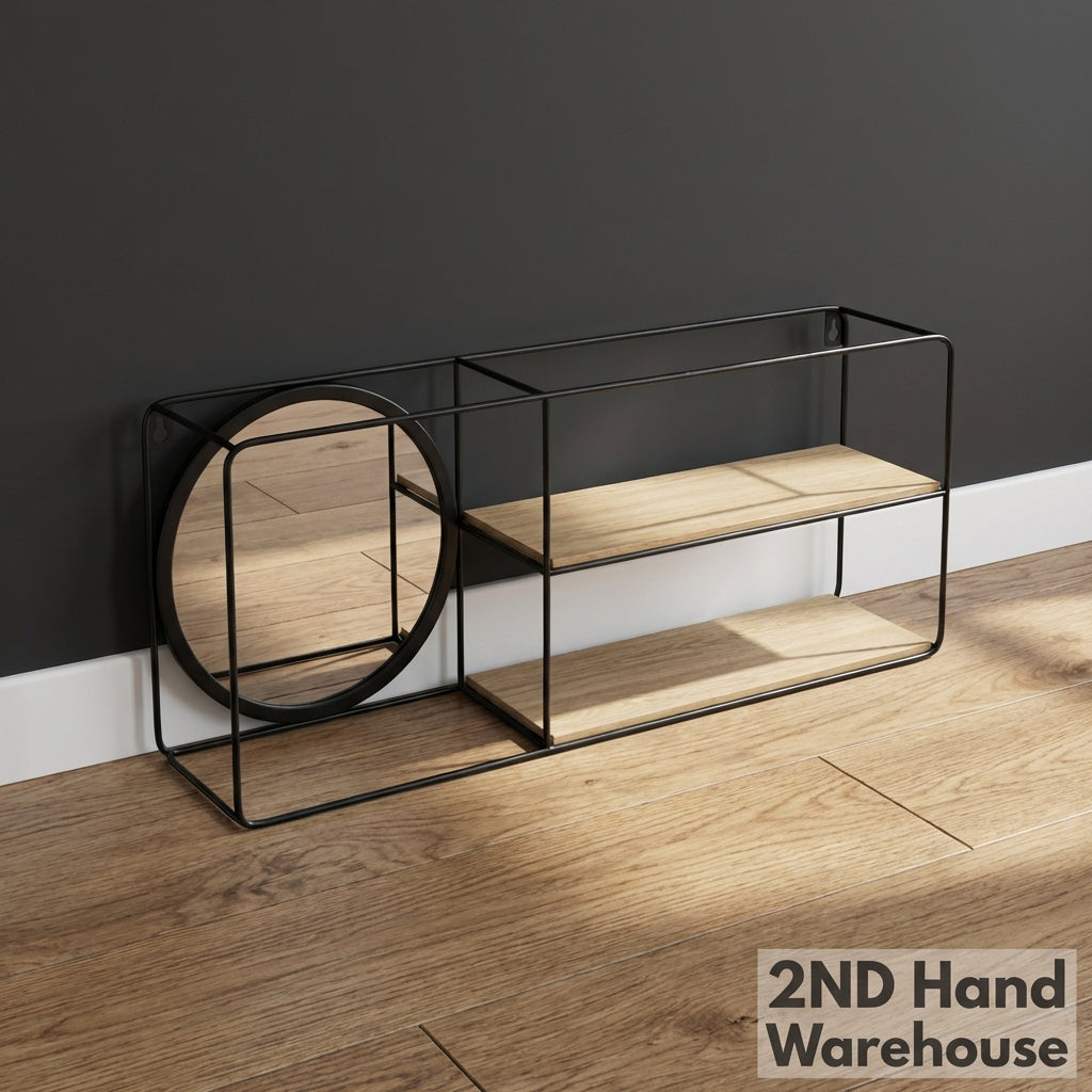Industrial Style Wall Shelf with Round Mirror & Wood Shelves
