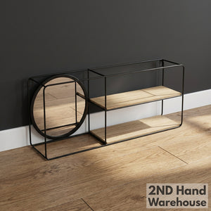 Industrial Style Wall Shelf with Round Mirror & Wood Shelves