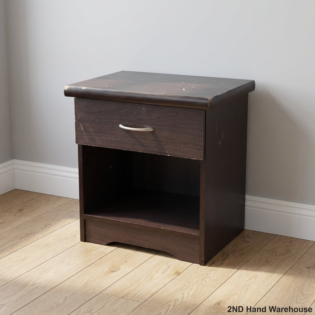 Compact Dark Brown Bedside Table with Drawer & Shelf - 2ndhandwarehouse.com
