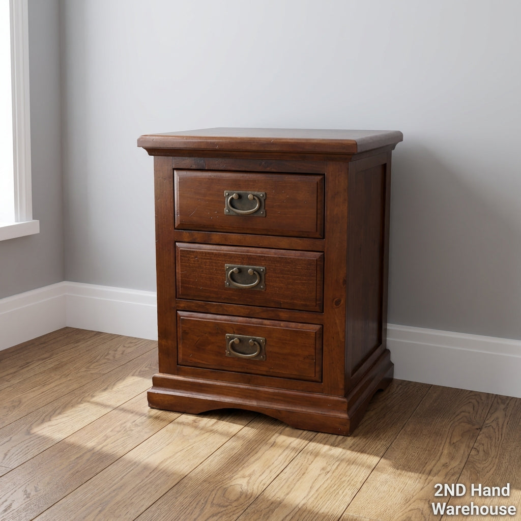 Timeless Dark Wood 3-Drawer Bedside Table - 2ndhandwarehouse.com