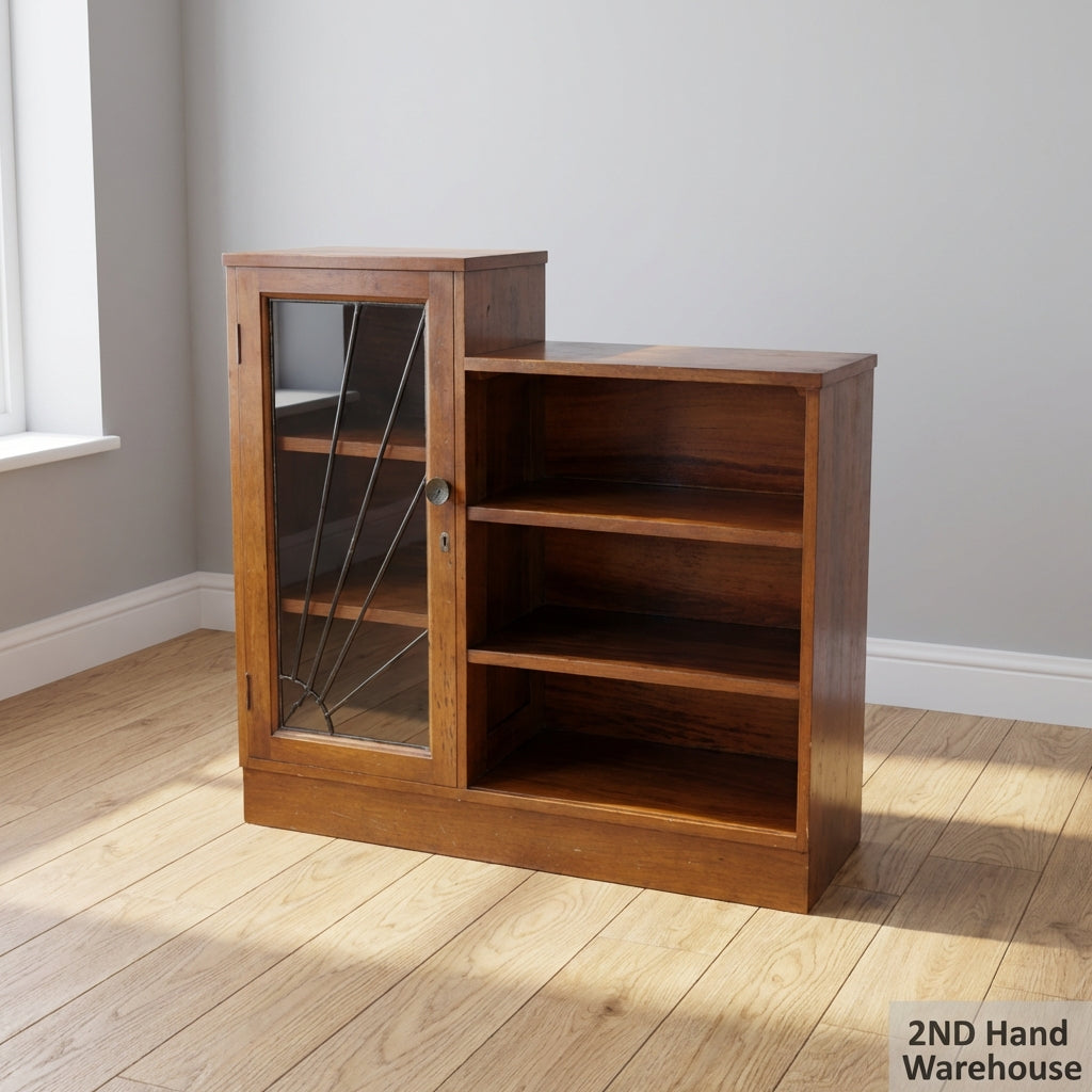 Vintage Wooden Bookcase with Art Deco Glass Cabinet