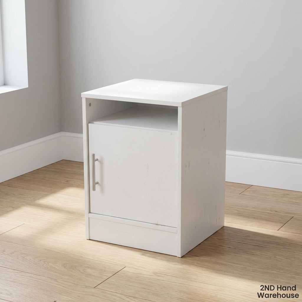 Compact White Bedside Table with Cabinet Storage