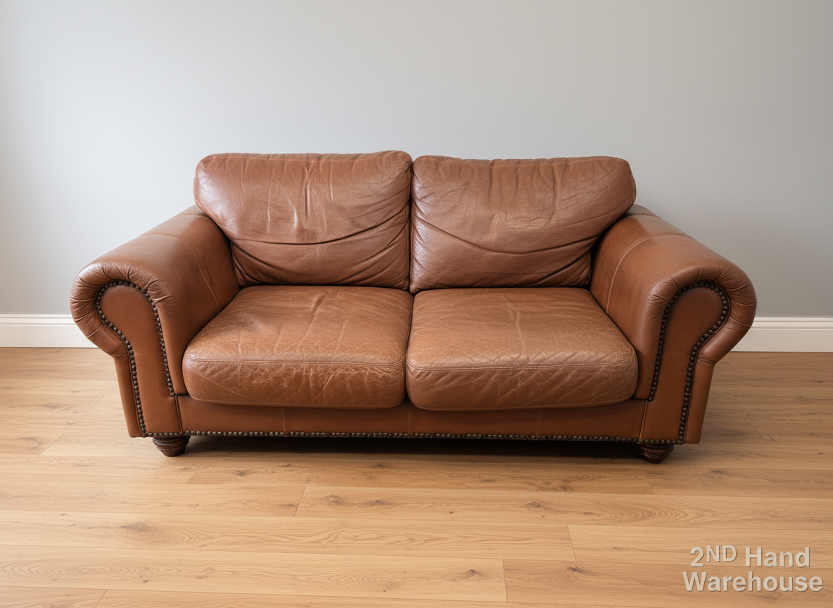 Brown Leather Two-Seater Sofa with Decorative Nails - Has A Minor Tear - REDUCED