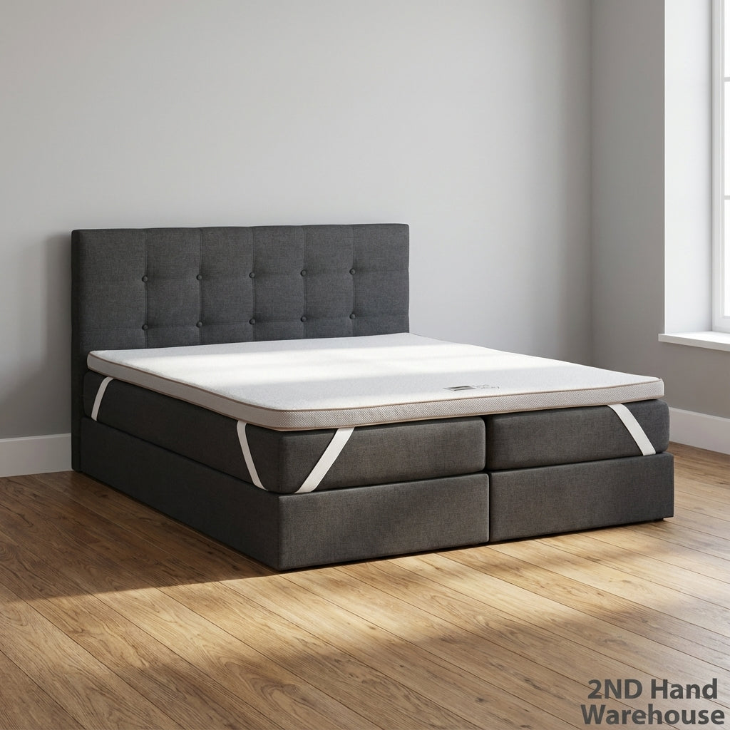 Modern Grey Upholstered Bed with Tufted Headboard & Mattress Topper