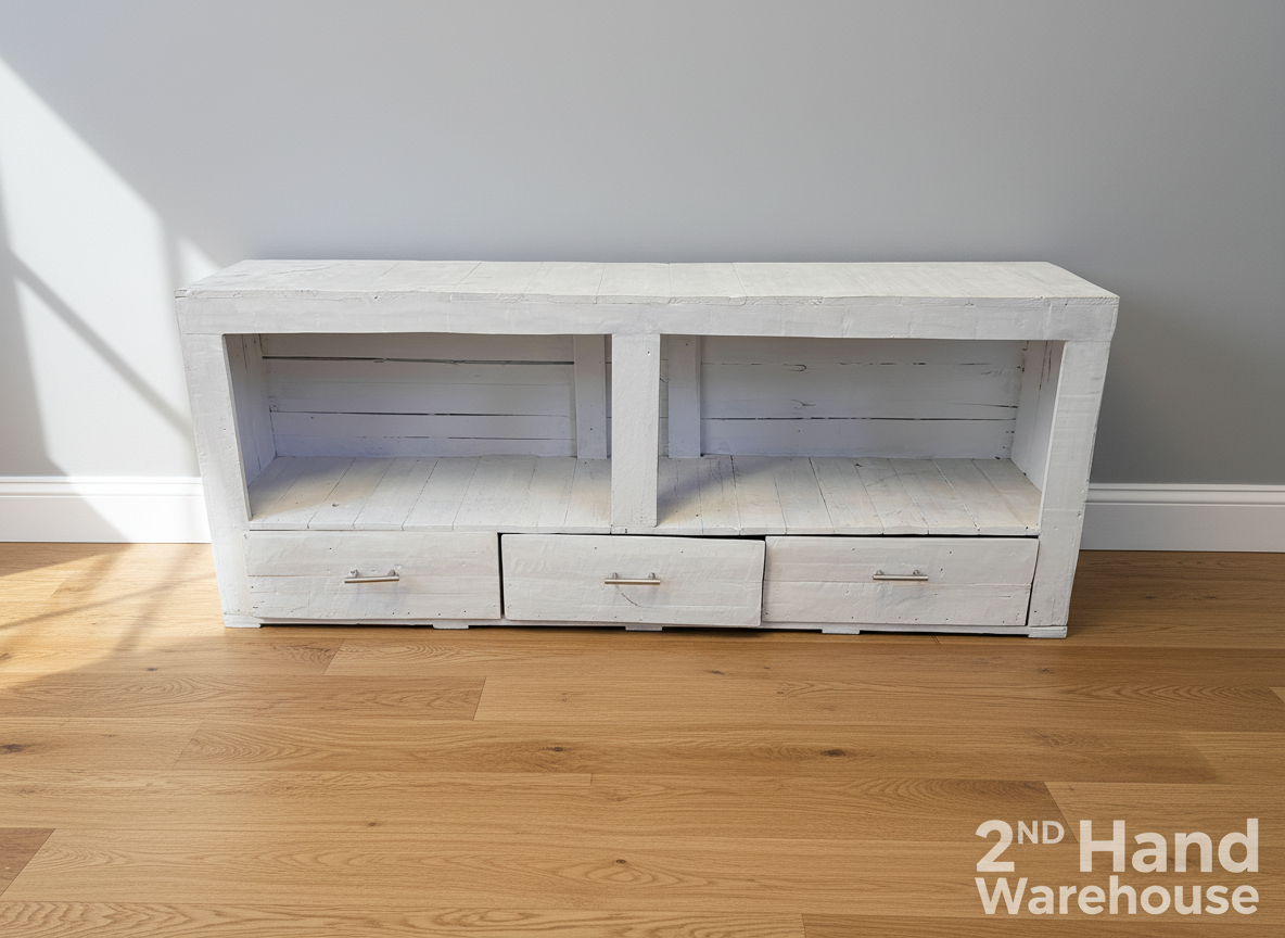Distressed White Wood Console Table & TV Stand with Drawers