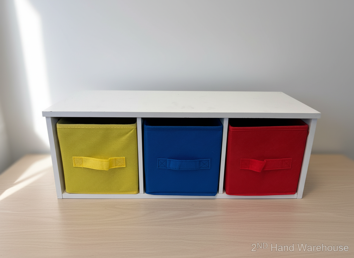 White storage bench with three colorful fabric bins on a wooden surface.