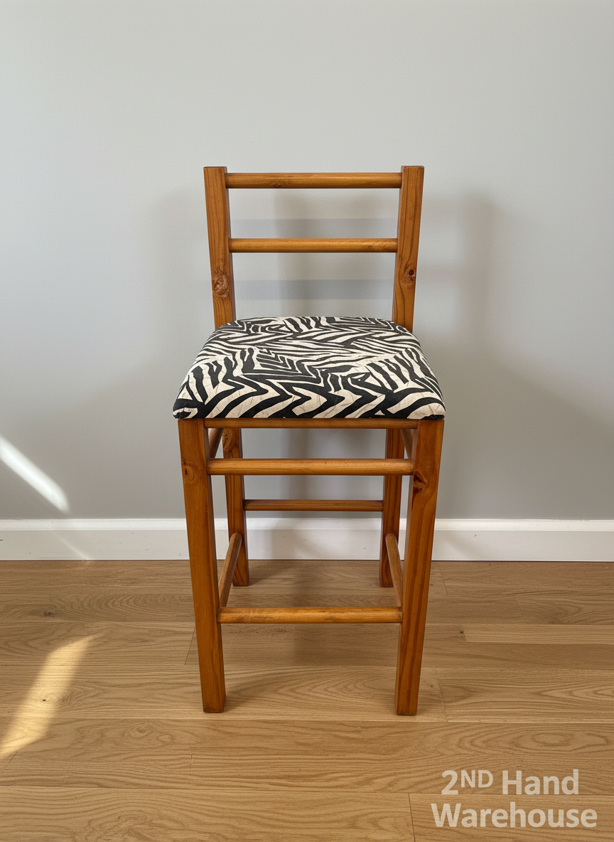 Zebra-Print Upholstered Wooden Bar Stool – Unique Style, Minor Wear