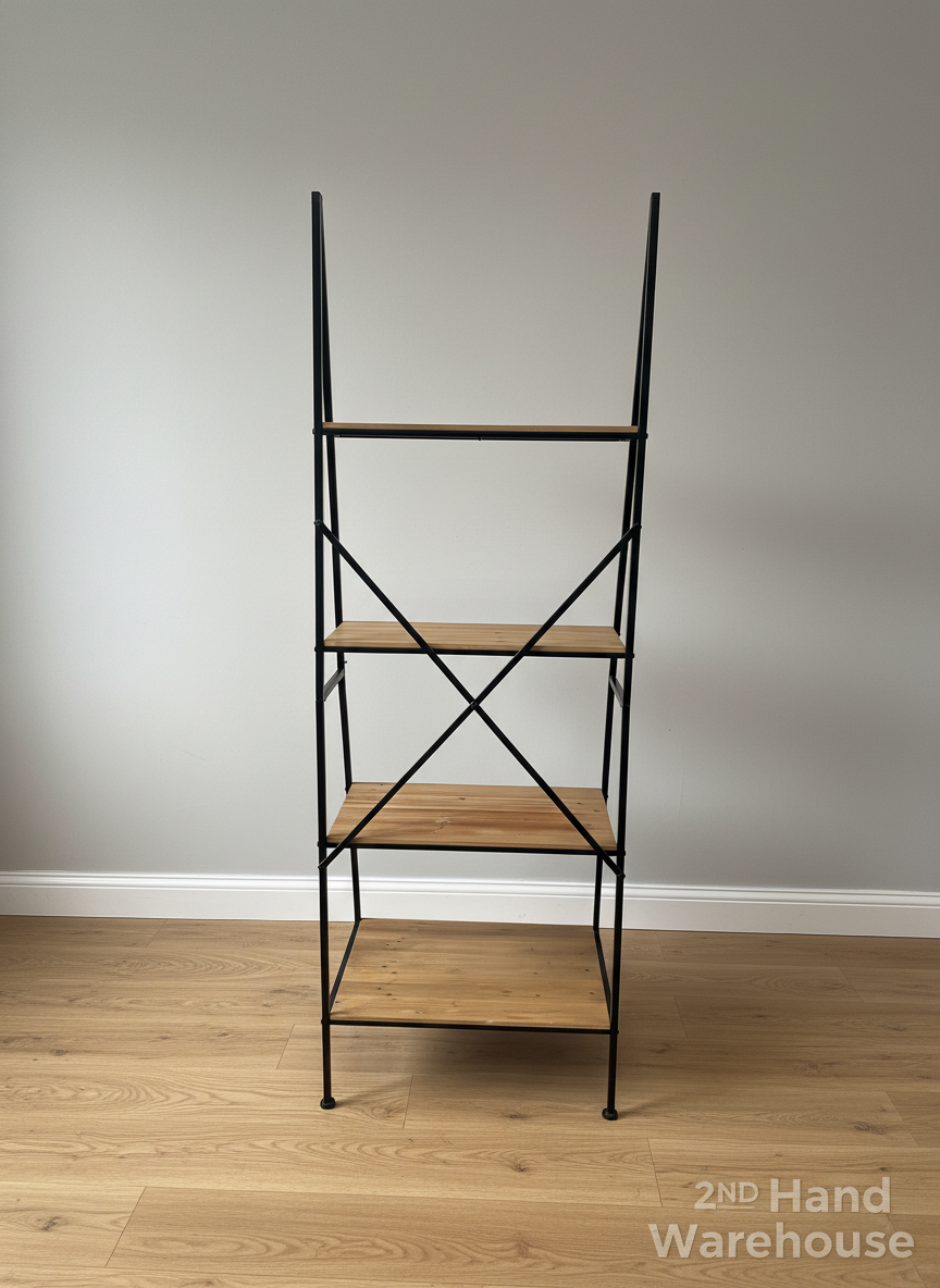 Four-tier metal shelf with wooden shelves against a plain wall.