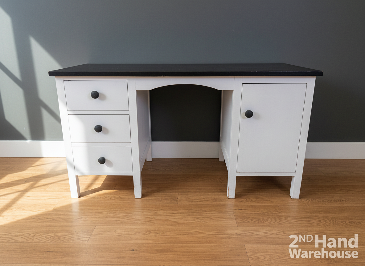 Charming White & Dark Top Desk with Storage