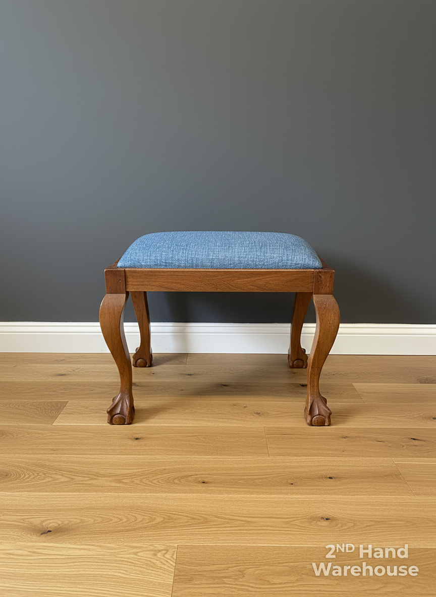 A56546- Elegant Carved Wood & Blue Upholstered Footstool/Ottoman