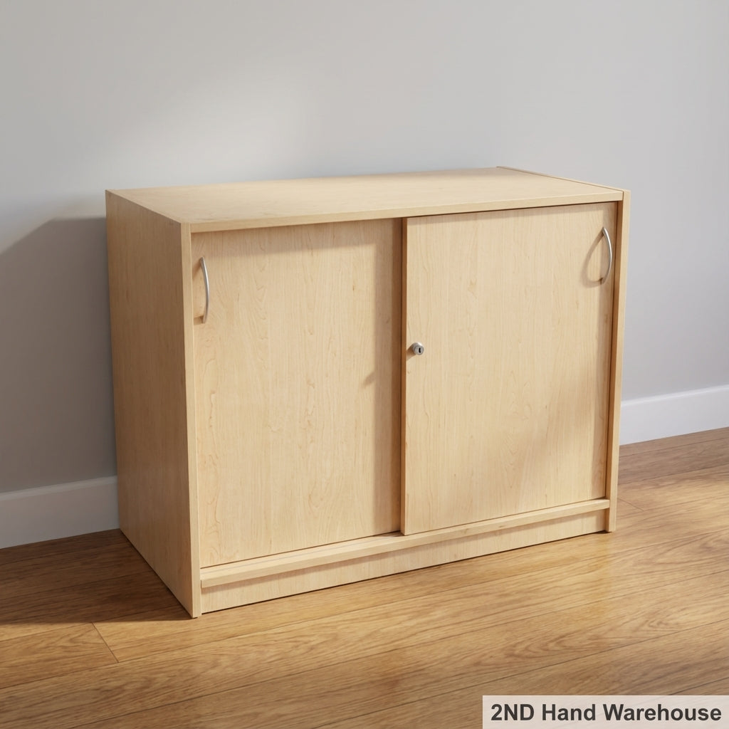 Light Wood Sliding Door Storage Cabinet with Lock - 2ndhandwarehouse.com