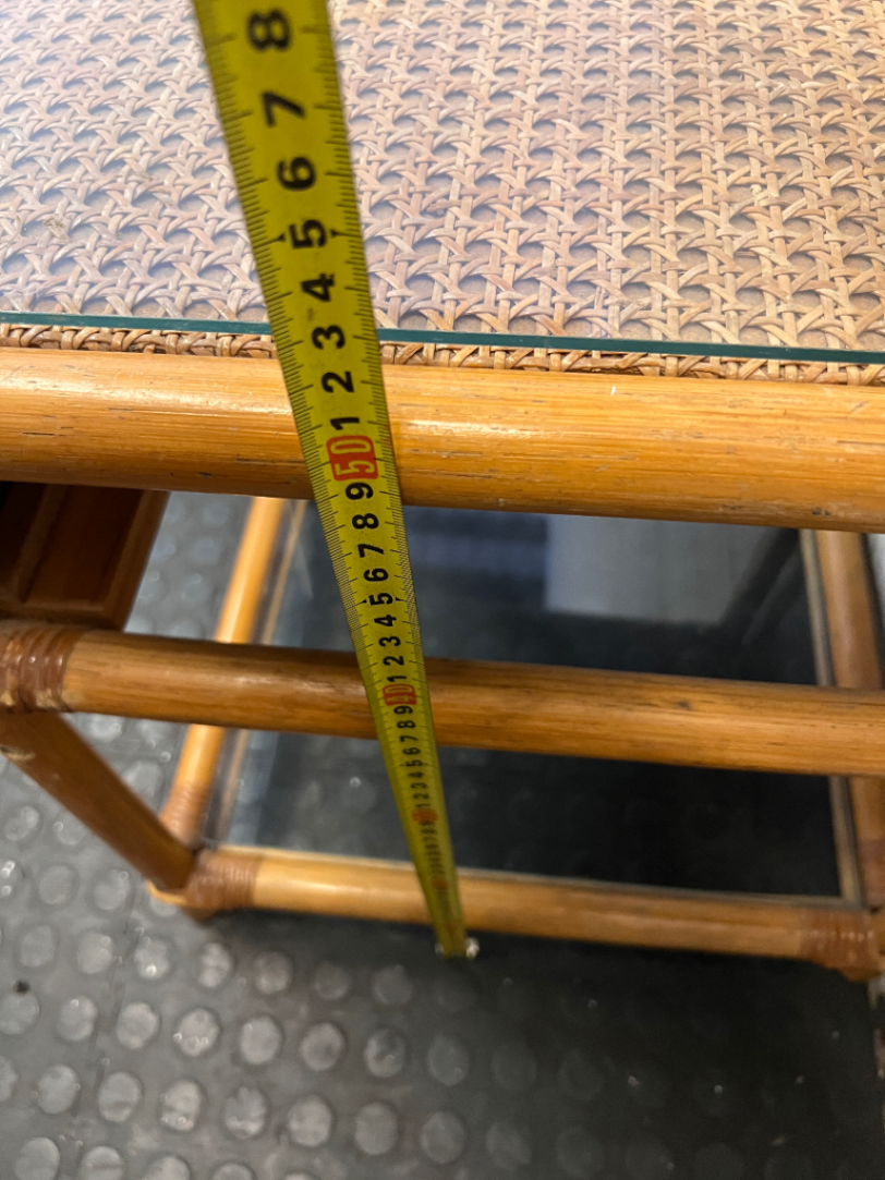 Bamboo Style Side Table with Glass Shelves — Fair Condition - Missing Drawer - 2ndhandwarehouse.com