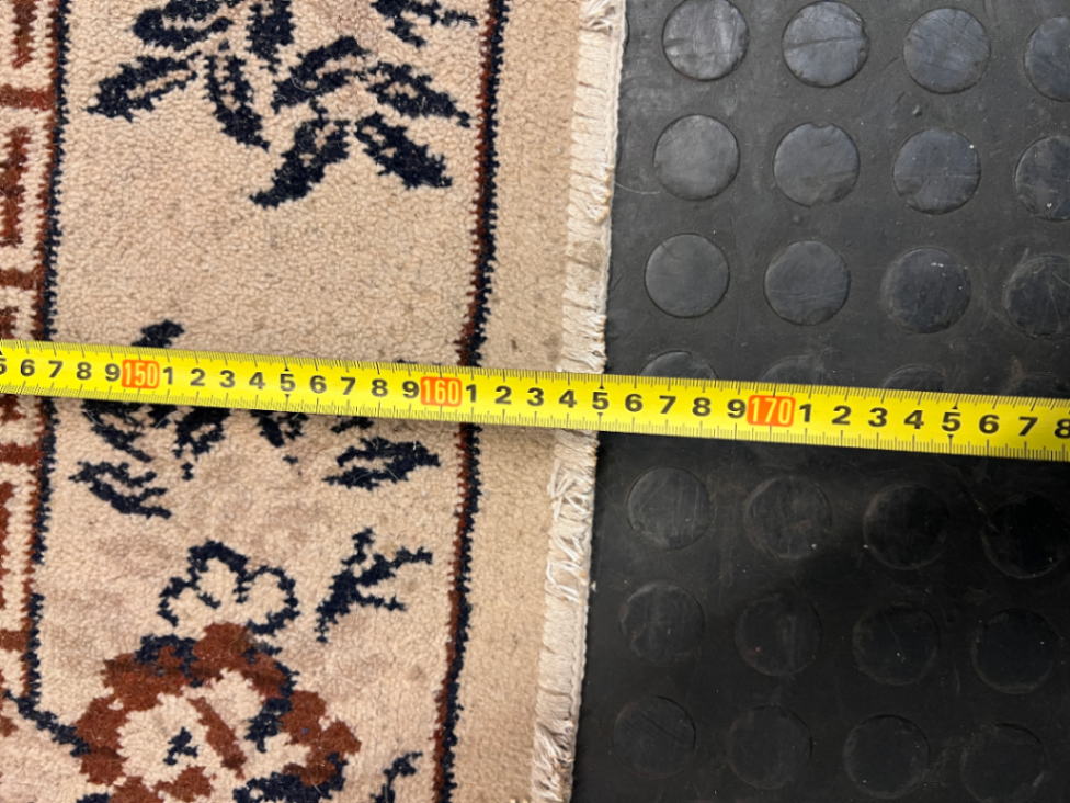 Floral Bordered Area Rug with Greek Key Detail — Well Used with Visible Fading