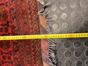 Intricate Red Persian Style Fringed Rug — Fair-Used Condition