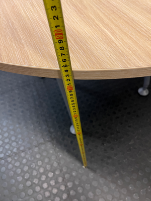 Round Oak-Toned Table with Modern Metal Base — Clean and Well-Maintained Condition