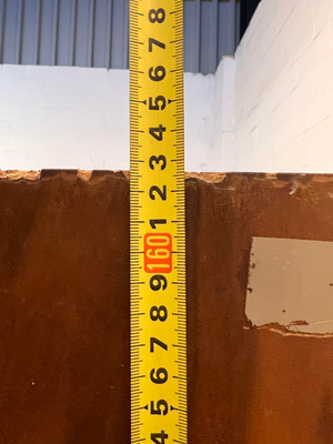 Vintage Dark Wood Two-Door Cupboard — Vintage Condition with Surface Wear and Stickers