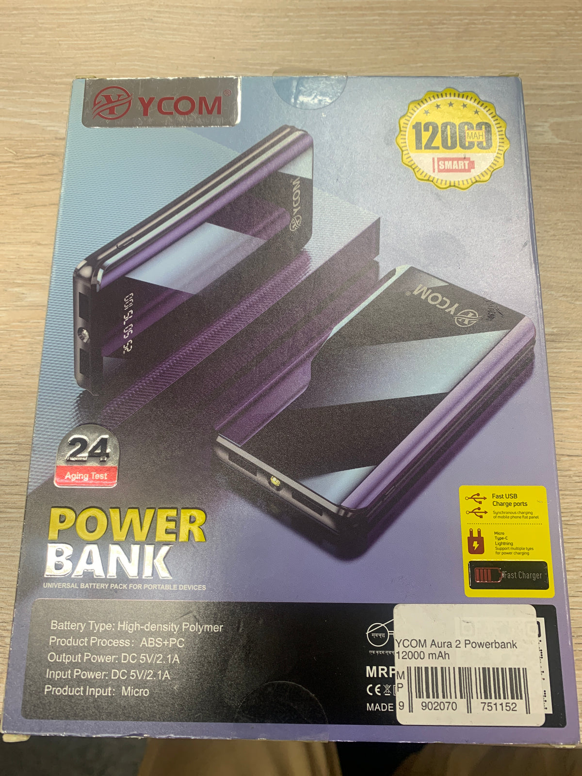 YCOM Aura 2 Powerbank 12000 mAh - YCOM Aura 2 Fast Charging Powerbank with 12000 mAh Battery Capacity and Utility LED Light WORKING COMPLETELY - 2ndhandwarehouse.com