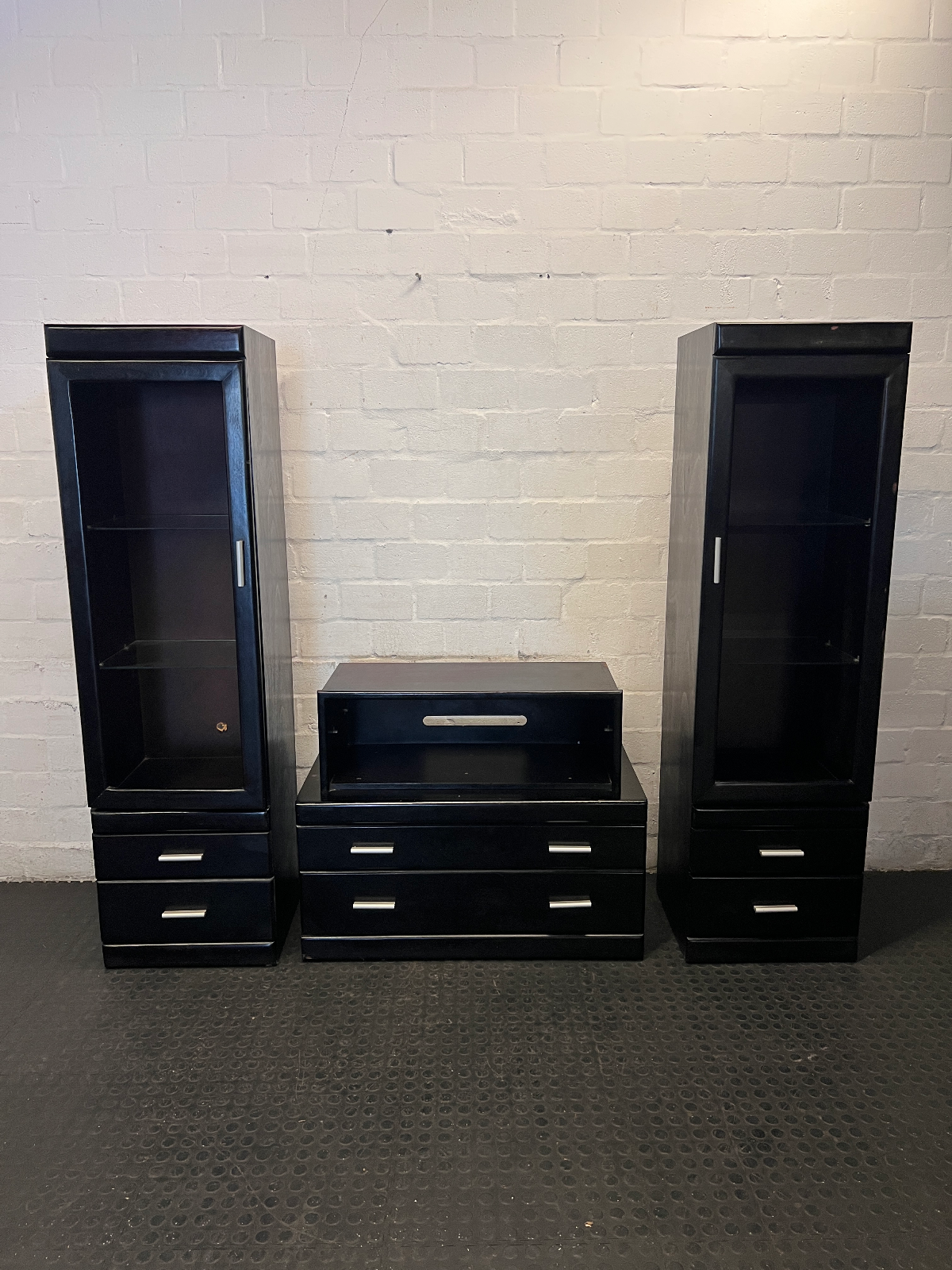 3-Piece Dark Brown Wall & TV Unit with Glass Cabinets - 2ndhandwarehouse.com