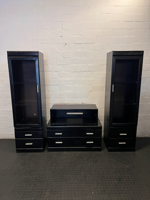 3-Piece Dark Brown Wall & TV Unit with Glass Cabinets - 2ndhandwarehouse.com