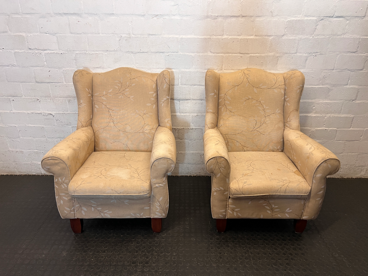 Vintage Style Fabric Wingback Chair with Leaf Pattern - 2ndhandwarehouse.com