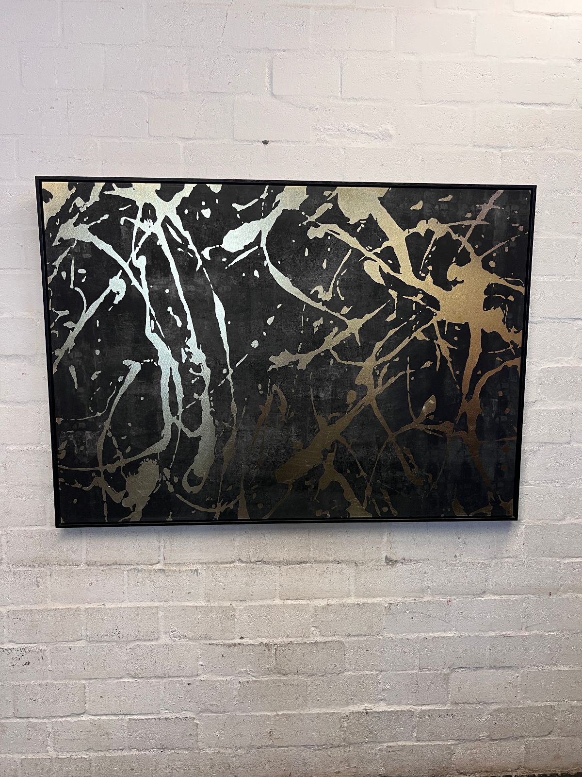 Large Contemporary Abstract Metallic Splatter Art in Black Frame - 2ndhandwarehouse.com