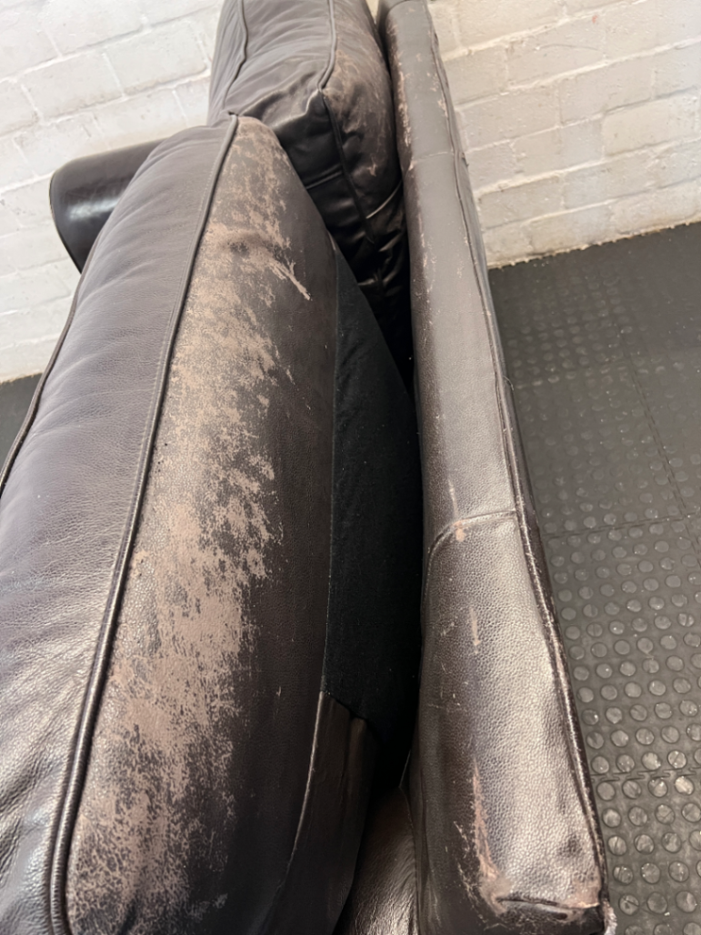 Black Genuine Leather 3-Seater Couch - Visible Leather Wear - 2ndhandwarehouse.com