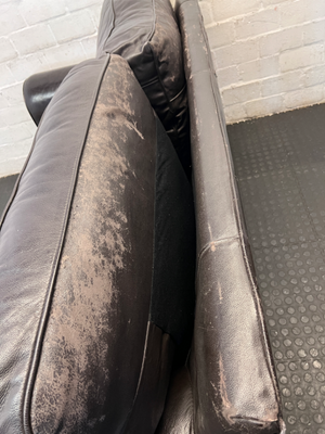 Black Genuine Leather 3-Seater Couch - Visible Leather Wear - 2ndhandwarehouse.com