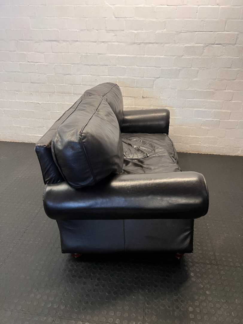 Black Genuine Leather 3-Seater Couch - Visible Leather Wear - 2ndhandwarehouse.com
