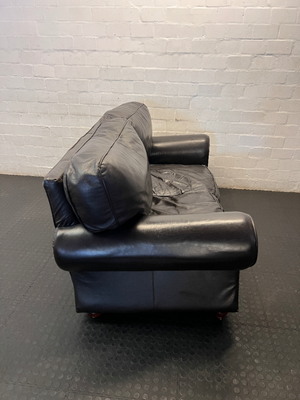 Black Genuine Leather 3-Seater Couch - Visible Leather Wear - 2ndhandwarehouse.com