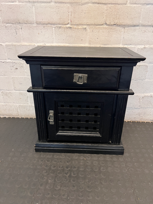 Pair of Black Lattice-Door Bedside Tables - Minor Edge Wear - 2ndhandwarehouse.com