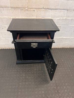 Pair of Black Lattice-Door Bedside Tables - Minor Edge Wear - 2ndhandwarehouse.com