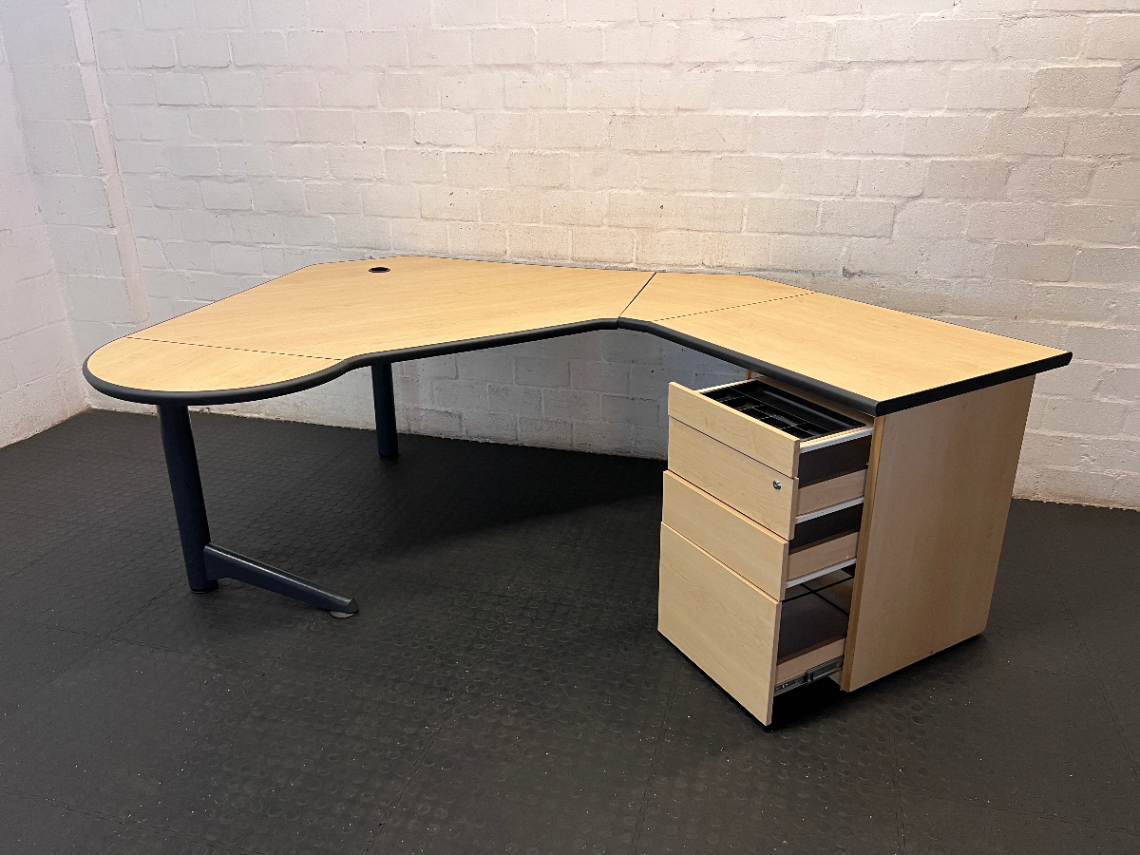 Light Brown L-Shaped Office Desk with 3-Drawer Storage - 2ndhandwarehouse.com